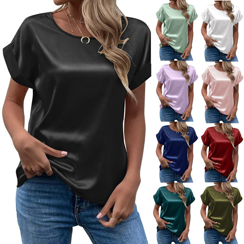 Camiseta recta de mujer con cuello redondo y jersey de satén elegante de oficina de suministro de verano