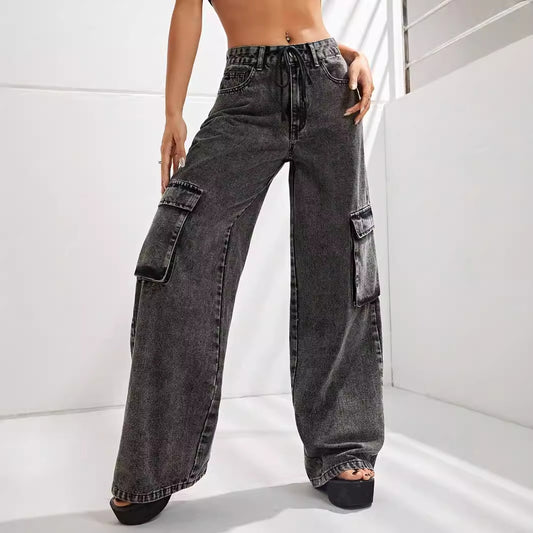 Women Clothing High Waist Large Pocket Slimming Loose Cargo Denim Trousers