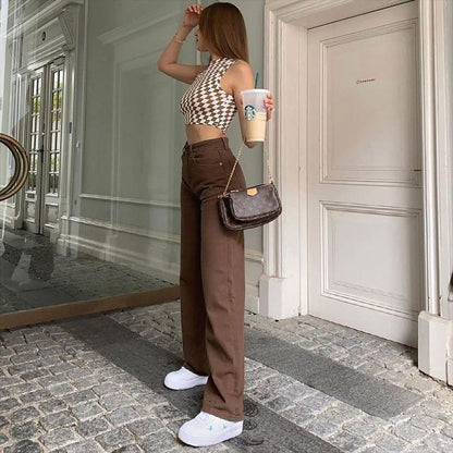 Autumn Brown Jeans Retro Solid Color Slimming High Waist Straight Pants Women