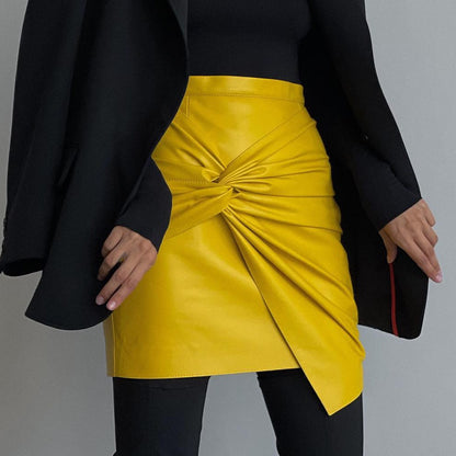 Women Clothing Autumn Winter Street Ruffle Hip Skirt Leather Skirt