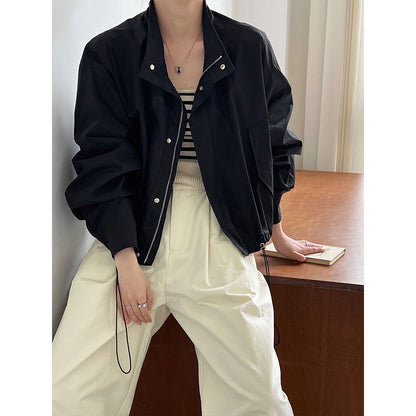 Autumn Retro Stand Collar Drawstring Cargo Jacket Coat Loose Zip Women Gore Tex Jacket