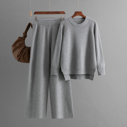 Winter Thick Sweater Women Loose Knitted Long Sleeves round Neck Wide Leg Pants Two Piece Set Women