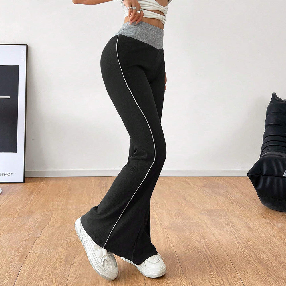 Women Clothing All Match Office Tight Casual Pants Autumn Winter Elastic Waist Contrast Color Wide Leg Pants