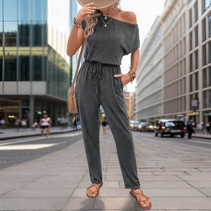 Mono de verano para mujer, con hombros descubiertos y pantalones de color liso