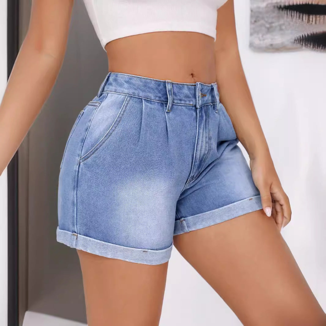 Women Clothing Loose All Matching Slimming Curling Denim Shorts