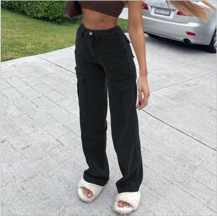 Bellows Pocket Loose High Waist Straight Jeans Cargo Pants Jeans