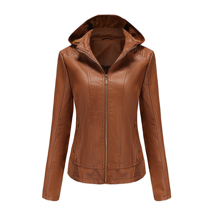 Manteau en cuir à capuche automne-hiver pour femme, chapeau amovible, manches longues, fermeture éclair, doublure polaire, veste en cuir, manteau mince