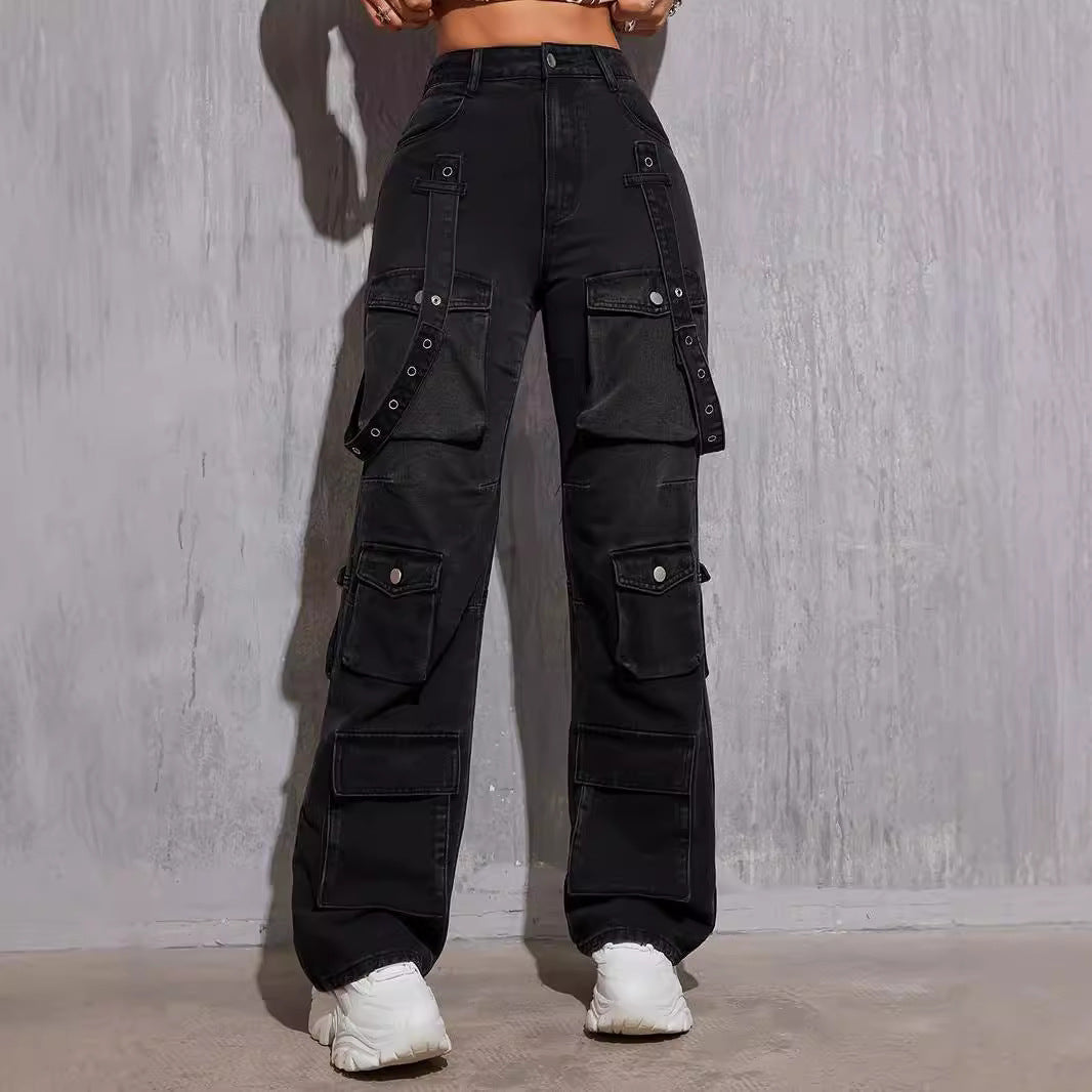 Denim High Elastic High Street Strap Street Trend Hip Hop Straight Cargo