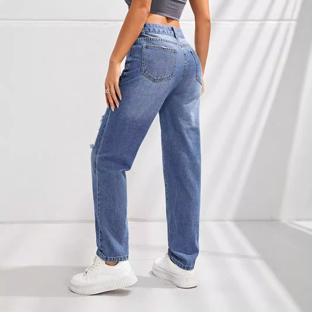 Pantalones vaqueros rectos con agujeros para mujer, ropa informal adelgazante