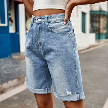 Mujer Ropa Comercio Ripped Curling Five Point Denim Shorts Pantalones casuales