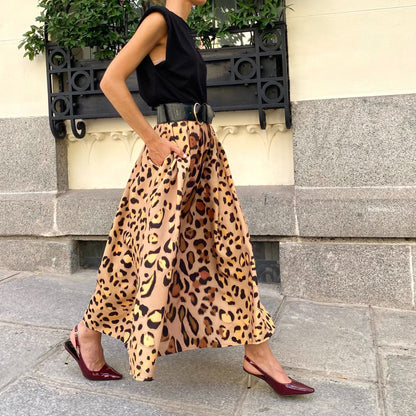 Autumn Winter Leopard Print Elegant Big Hem Skirt