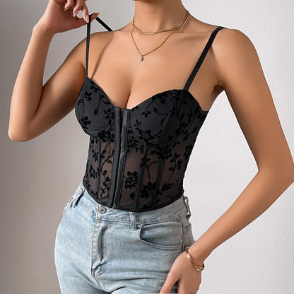 Top corto con cintura de corsé para mujer, Top Sexy de corte bajo transparente con costuras y costuras de malla