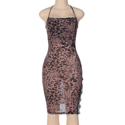 Vestido dividido con cuello halter y cordones con borde de malla y costuras sexy con estampado de leopardo para mujer