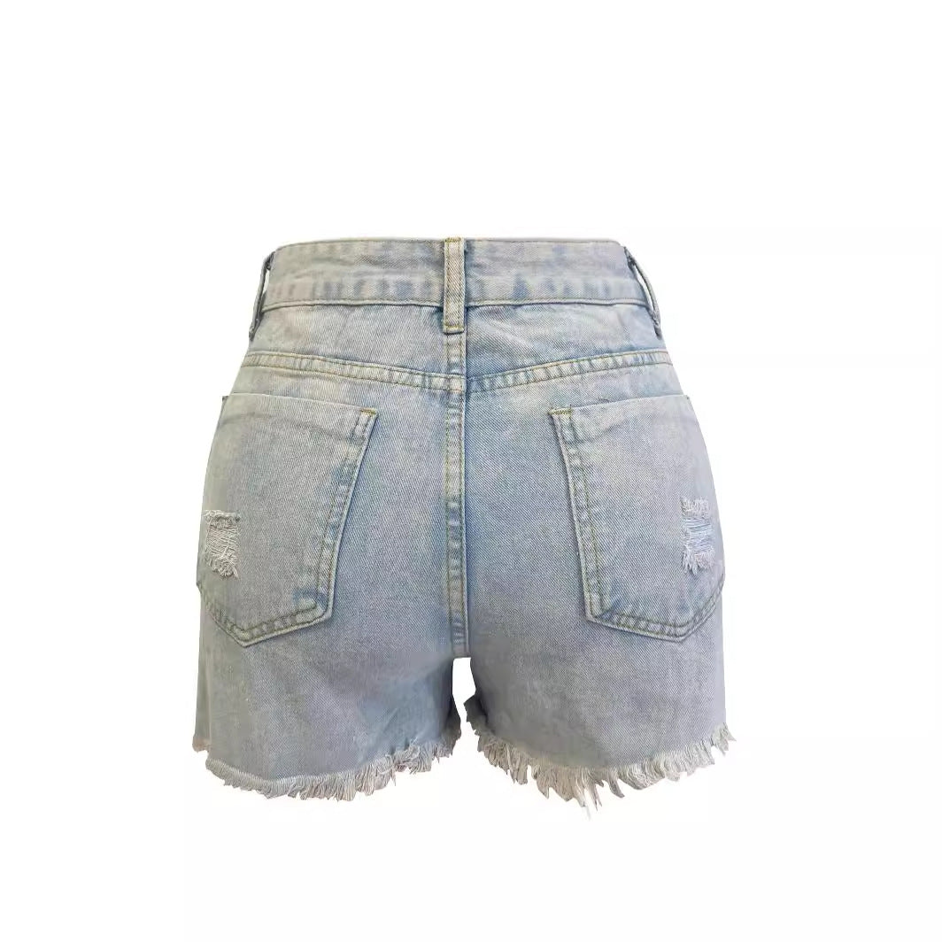 Short en Denim pour femmes, taille haute, Double fermeture éclair latérale, jambes larges, coupe Slim, trous amincissants, été