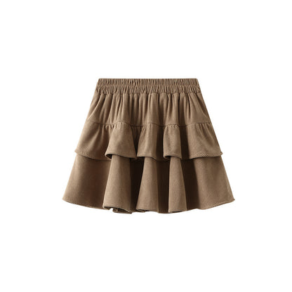 Corduroy Short Skirt for Women Autumn Elastic High Waist Pleated Skirt Anti Exposure Puffy Tiered Dress