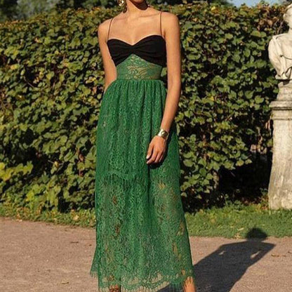 Robe longue en dentelle verte pour femmes, vêtements Sexy, bretelles, ajouré, découpe, vacances