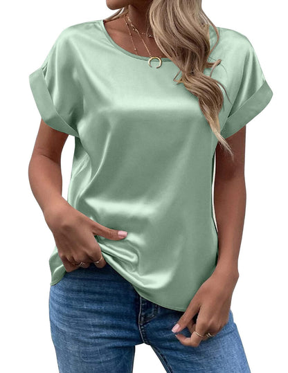 Camiseta recta de mujer con cuello redondo y jersey de satén elegante de oficina de suministro de verano