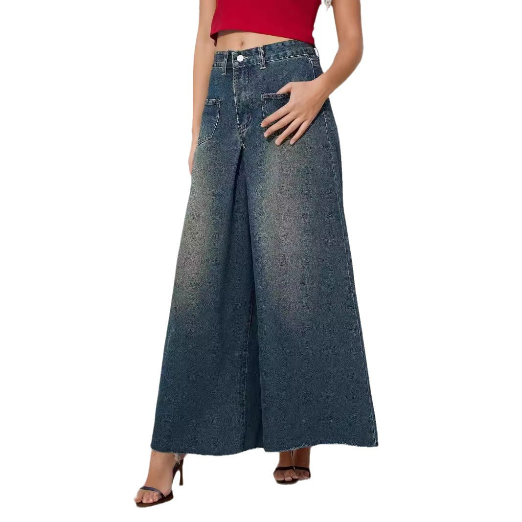 Women Wide Leg Jeans Raw Hem High Waist Slimming Loose Denim Trousers Denim Trousers Jeans