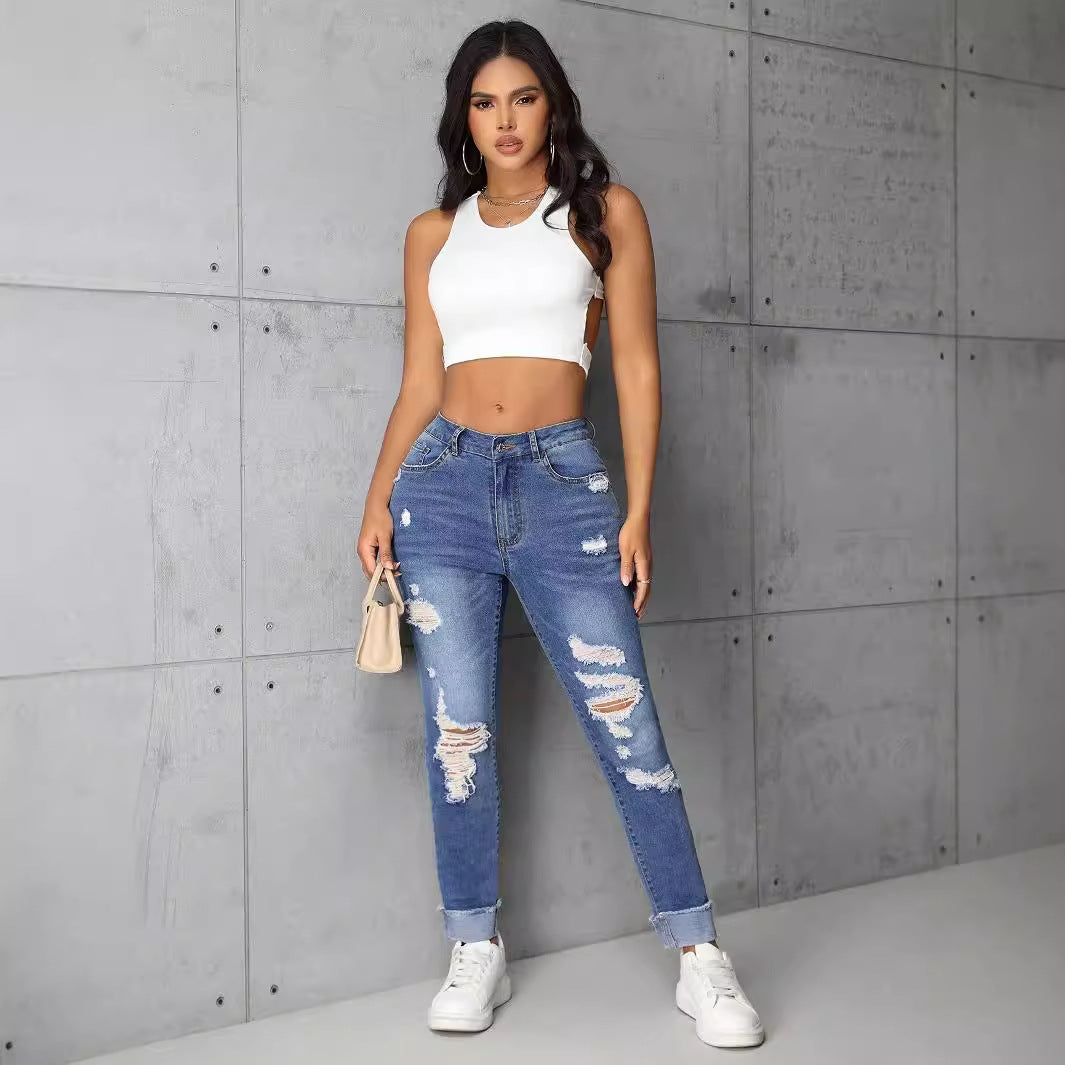 Women Clothing Trendy Thin Looking Ripped Straight Skinny Denim Trousers