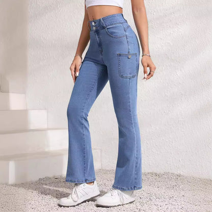 À la mode moderne poche femmes légèrement évasé Denim pantalon été rétro décontracté minceur