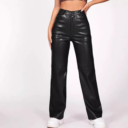 Women Pants High Waist Trousers Button Faux Leather Pocket Straight Leather Pants Autumn Winter