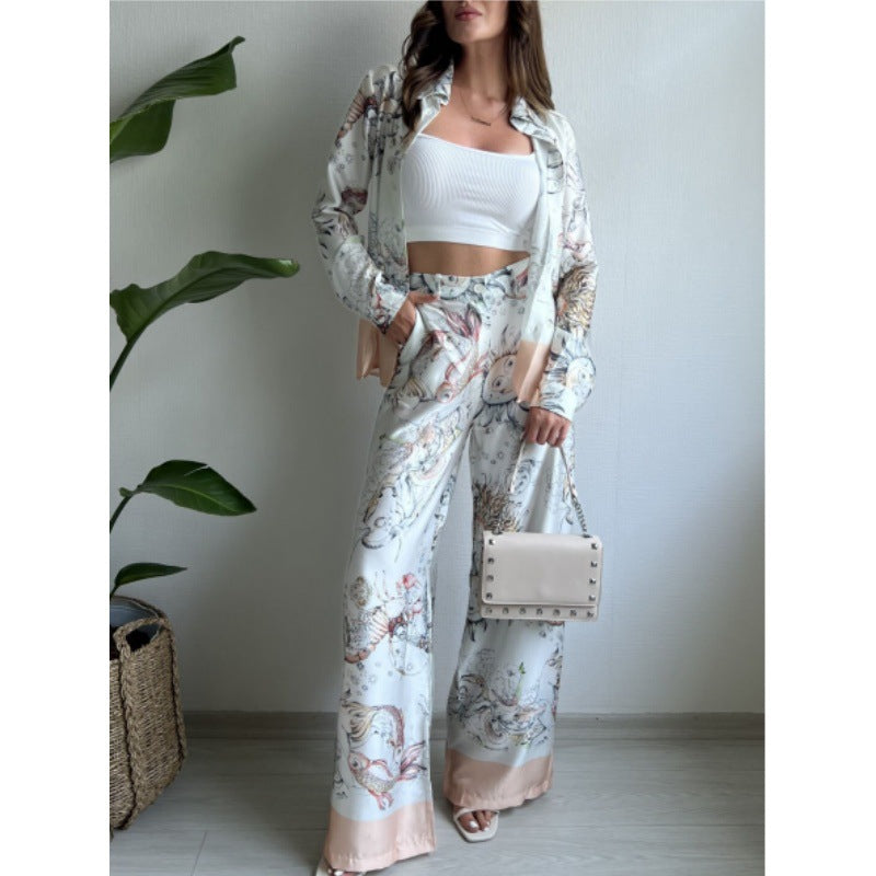 Traje de mujer Primavera Verano Posicionamiento Impreso Top de manga larga Pantalones de pierna ancha Conjunto de dos piezas