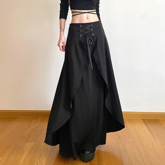 Dark Street Cool Eyelet Lace up Waist Controlled Asymmetric Skirt Double Layer Stitching Cover Slimming Sexy Midi Dress