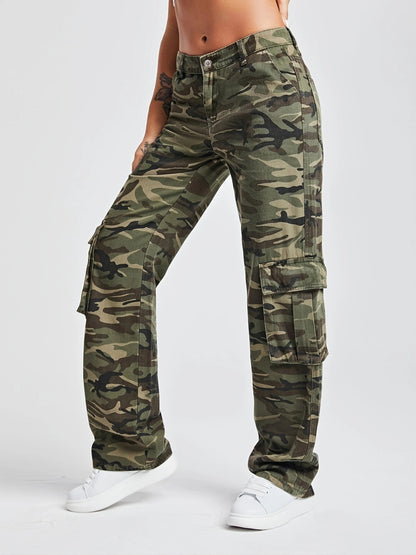 Women Camouflage Cargo Pants High Waist Multi Pocket Loose Jeans