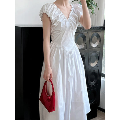 Robe française à taille ajustée, dos nu, col en V, élégante, de haute qualité, sans manches, plissée