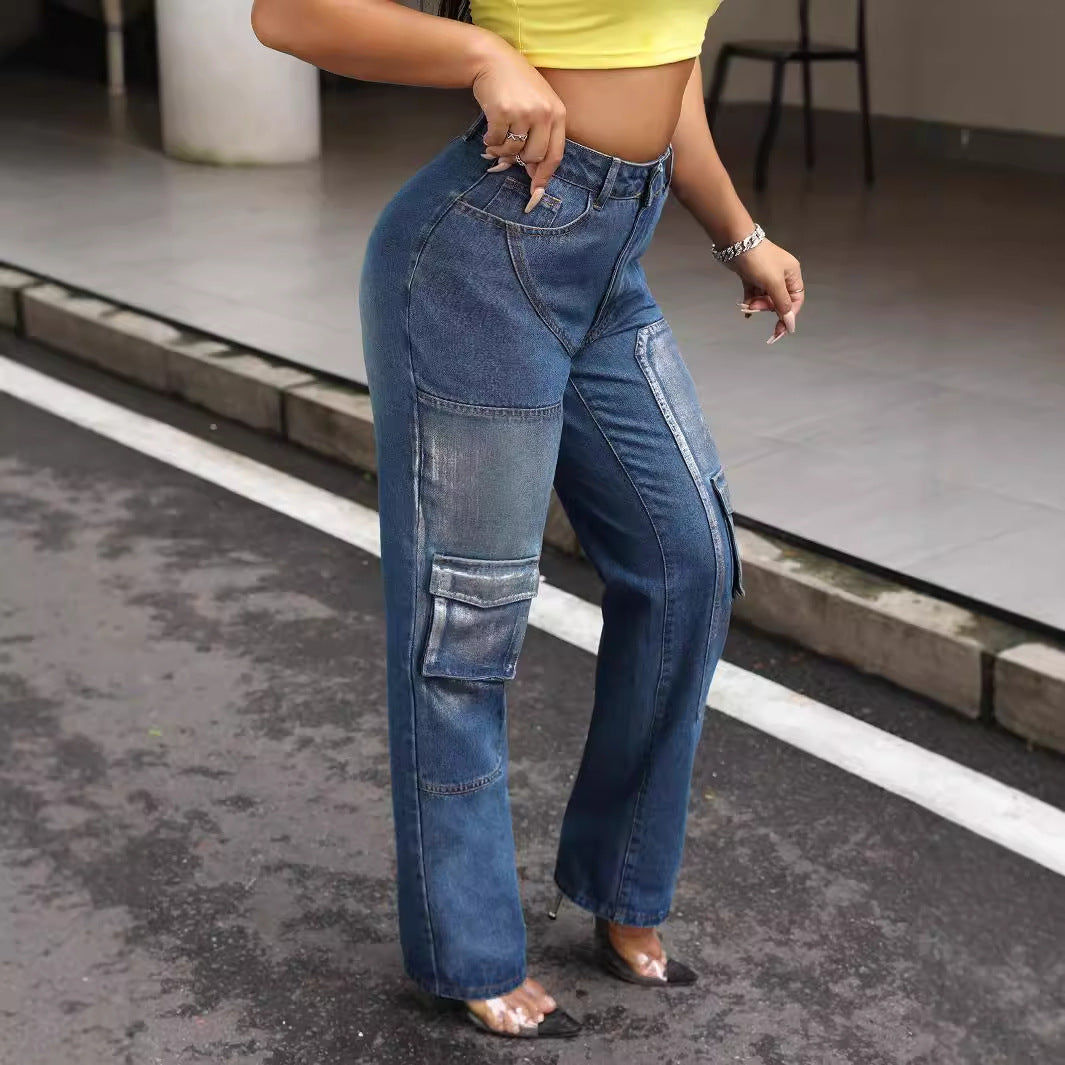 Women Clothing High Waist Work Clothes Pocket Slimming Jeans Trousers