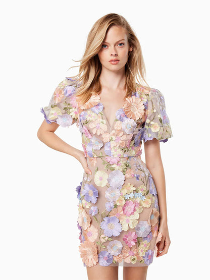 Vestido con manga farol y funda floral tridimensional con cuello en V Vestido bordado sexy