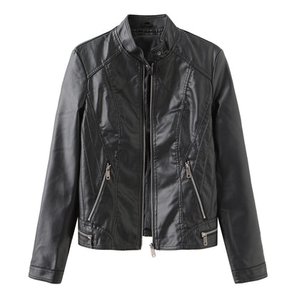 Casual Leather Jacket Spring Autumn Women Leather Jacket Long Sleeve Zipped Stand Collar Coat