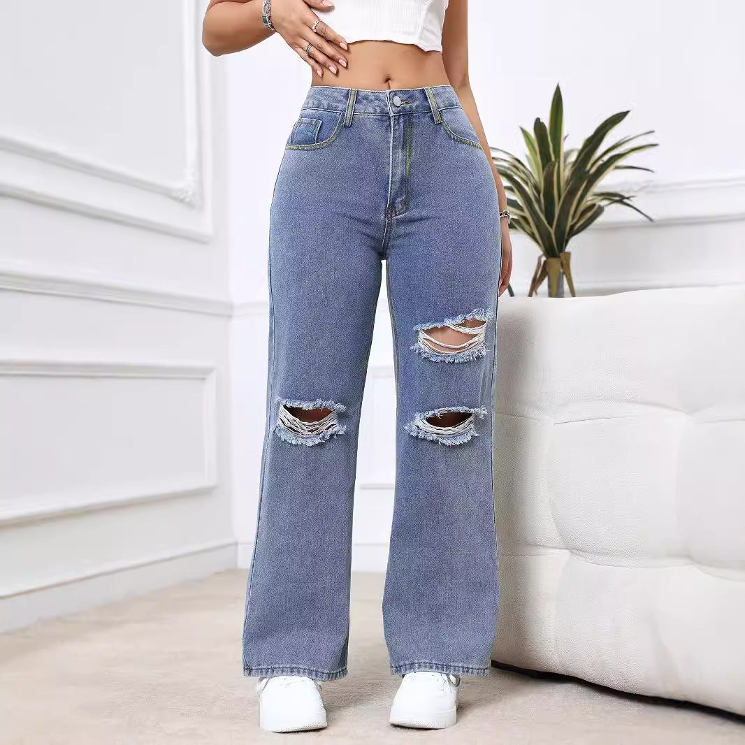 Pantalones vaqueros holgados de cintura alta con agujeros y pierna ancha de moda para mujer