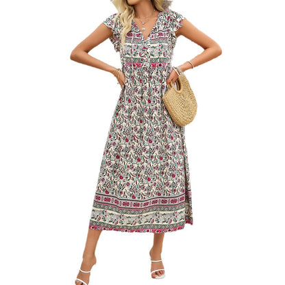 Vestido casual con cuello en V y estampado floral para mujer