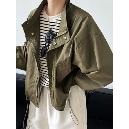 Autumn Retro Stand Collar Drawstring Cargo Jacket Coat Loose Zip Women Gore Tex Jacket