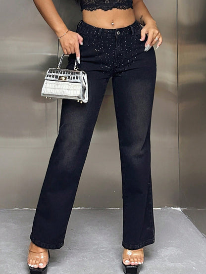 Women Clothing Drilling High Waist Denim Straight Leg Trousers