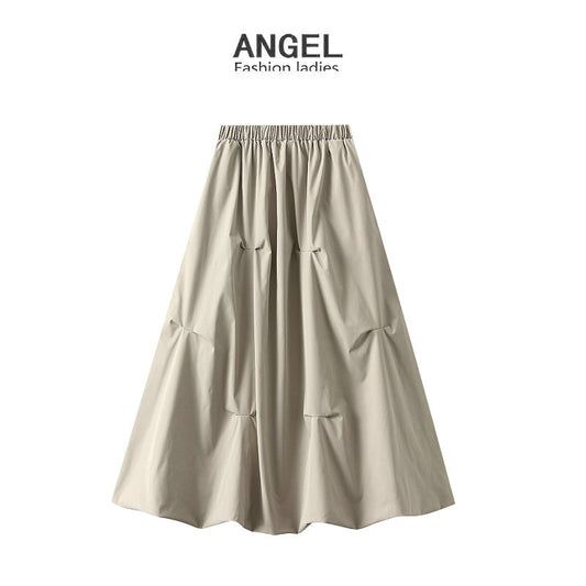 Autumn All Matching Elastic Waistband Skirt Women Design Irregular Asymmetric Pleated A line Midi Skirt