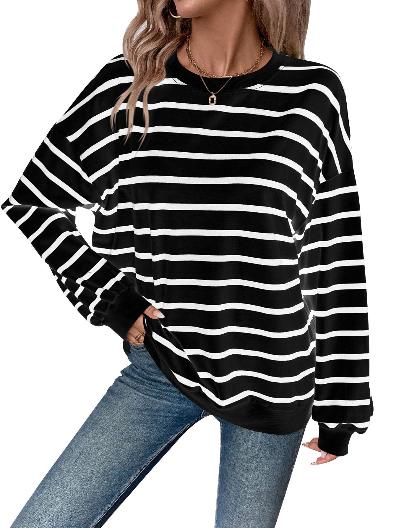 Women Clothing Autumn Winter Oversized Loose Casual Striped Bathroom