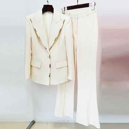 Decorative One Button Blazer Bell Bottom Pants Suit Two Piece Set