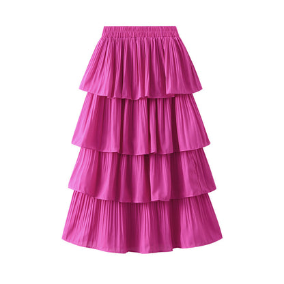 Wooden Ear Stitching Pleated Big Hem Skirt Women's Summer Mid Length Tiered Dress