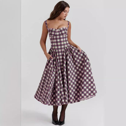 Robe d'été pour filles européennes, col en U, écharpe à carreaux, taille fine, rétro, grande robe trapèze pour femmes