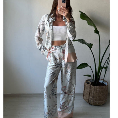 Traje de mujer Primavera Verano Posicionamiento Impreso Top de manga larga Pantalones de pierna ancha Conjunto de dos piezas