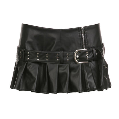 Jupe en Faux cuir fendu foncé femmes Sexy taille basse Rivet boucle de ceinture décorative une ligne gaine jupe plissée