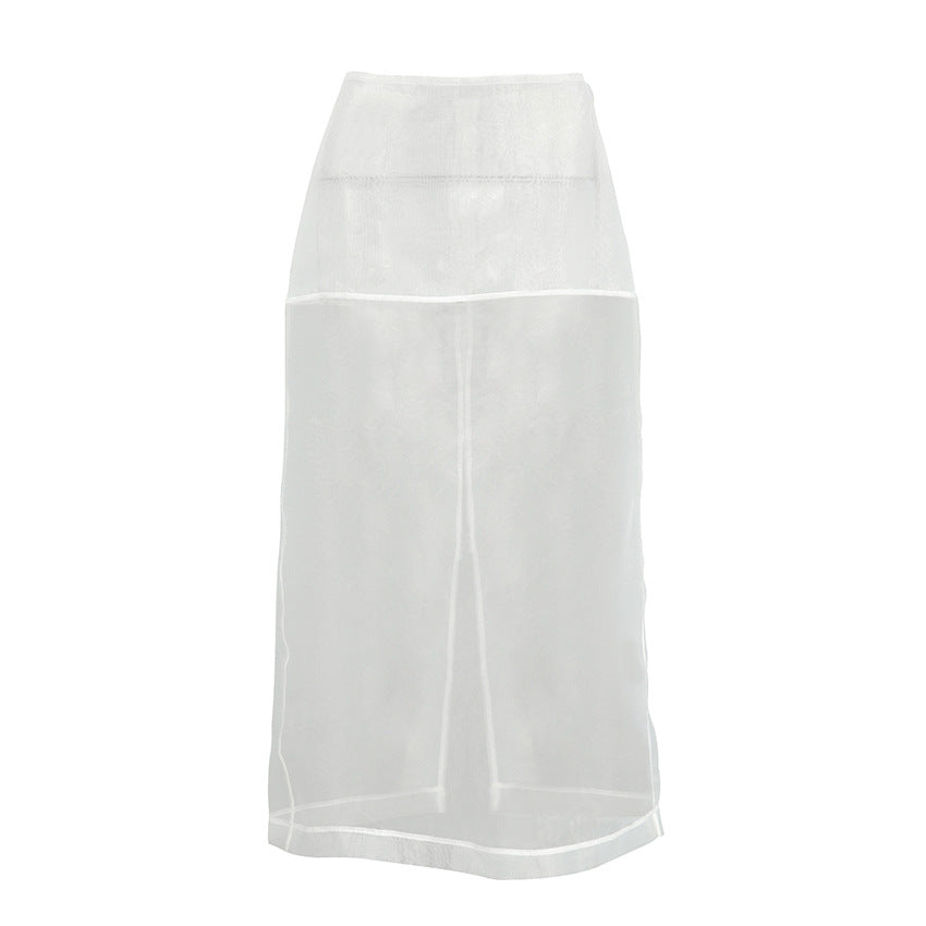 Autumn French Classic Sexy See through White Mesh High Waist Loose Straight All-Matching Split Skirt for Women