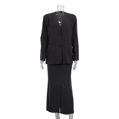 Ensemble deux pièces pour femme, blazer ample, col en V, taille haute, jupe à la hanche, début d'automne