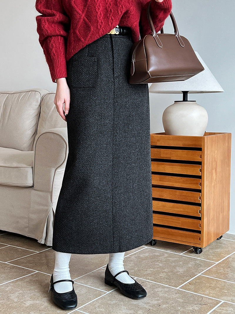 Woolen Skirt High Waist Design Pocket Autumn Winter Cover Hip Woolen Skirt