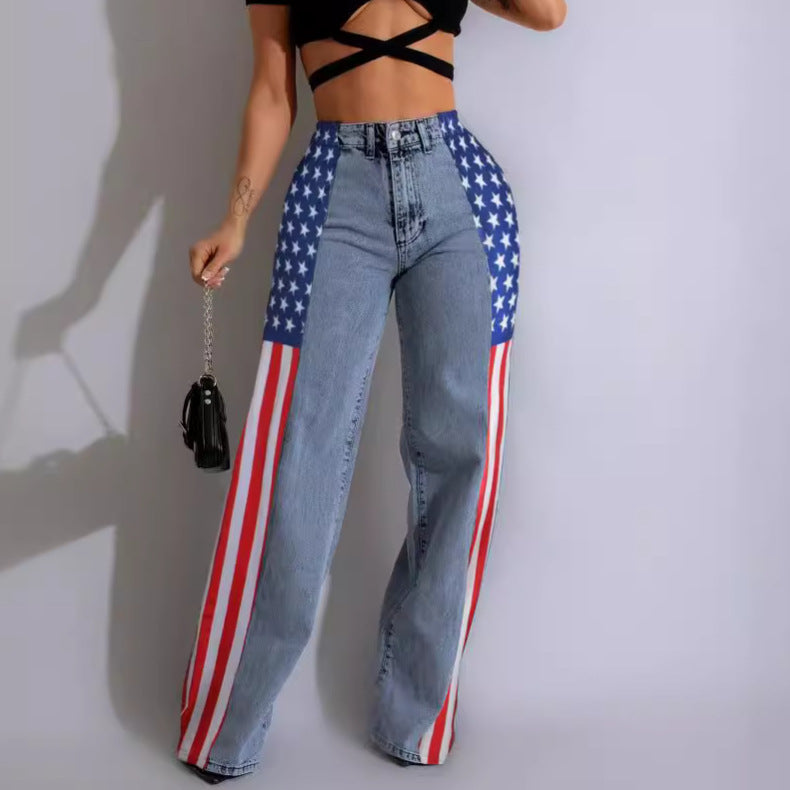 Pantalon en denim extensible à jambe large et imprimé drapeau pour femme, jean droit décontracté à taille haute