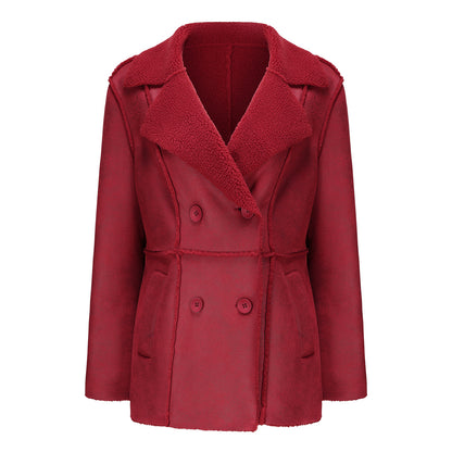 Veste en fausse peau de mouton avec col en velours et manteau en cuir pour femme, manteau mi-long pour automne et hiver, manteau en daim pour femme