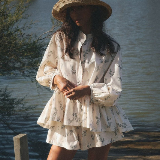 Jupe classique française à manches bouffantes, petit col roulé, chemise bouffante à volants, short imprimé