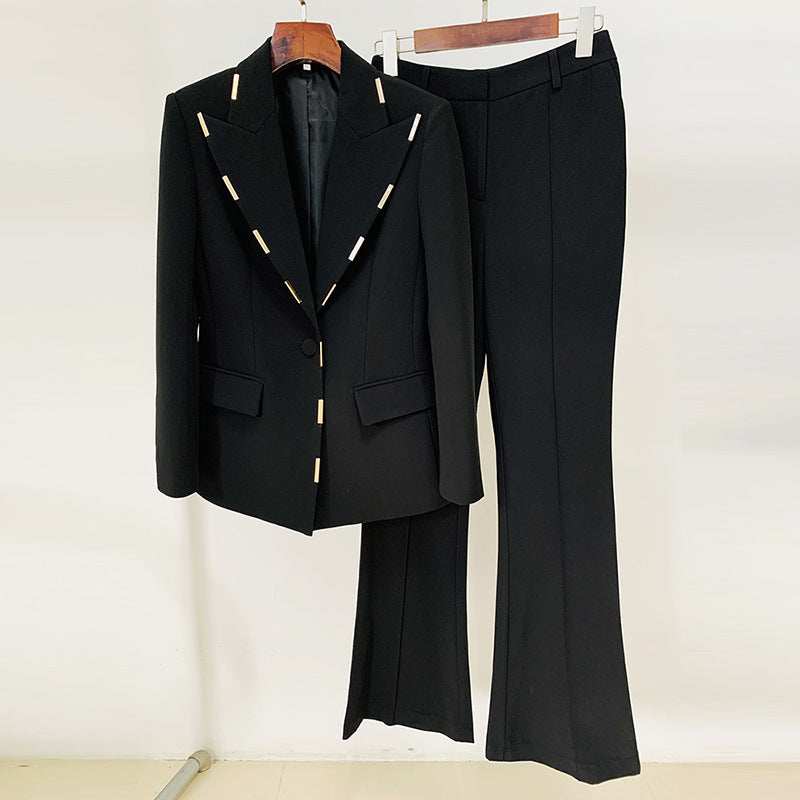 Decorative One Button Blazer Bell Bottom Pants Suit Two Piece Set